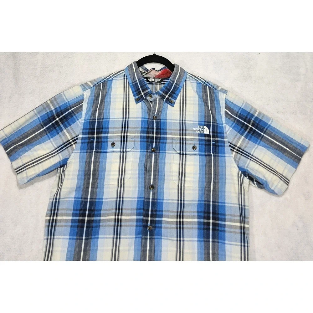 North Face Shirt Mens M Short‎ Sleeve Delridge Plaid Blue Button Up White Pocket